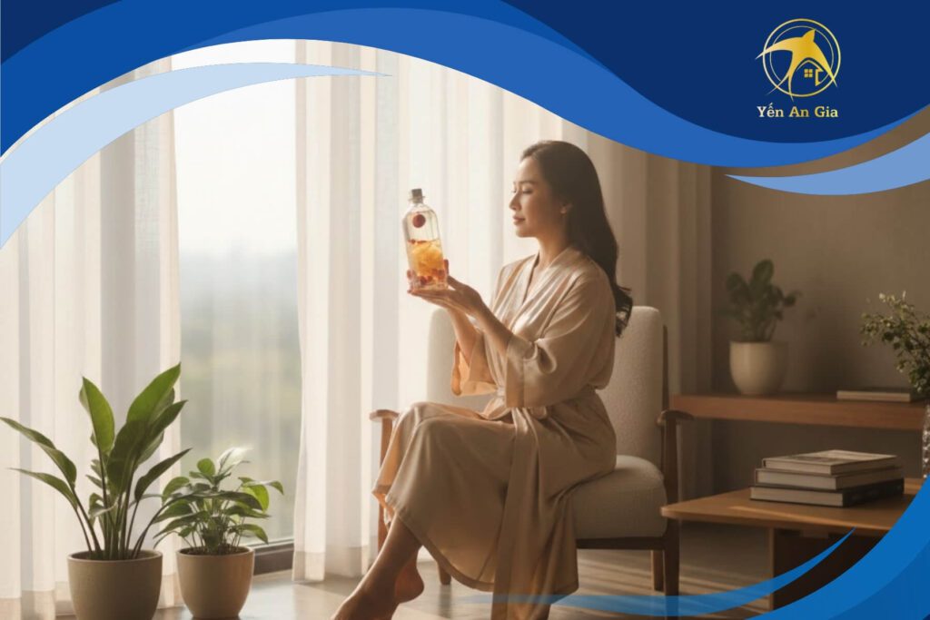 Nước yến đóng chai đặt dưới ánh sáng tự nhiên buổi sáng