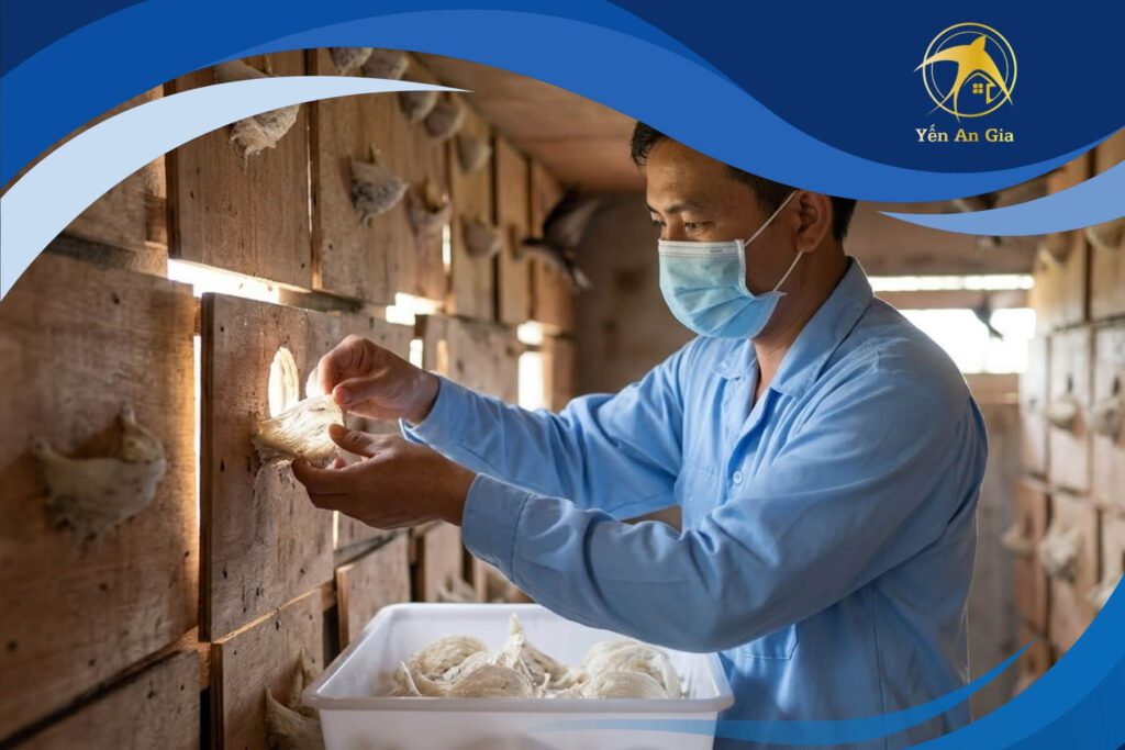 thu hoạch tổ yến trong nhà yến